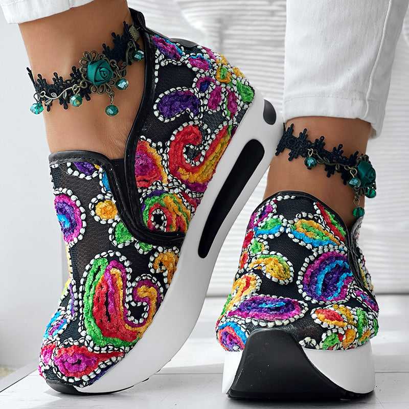 Women's Random Print Side Lace-Up Elastic Sport Shoes, Comfortable Slip-On Sneakers For Women, Casual Daily Wear Footwear