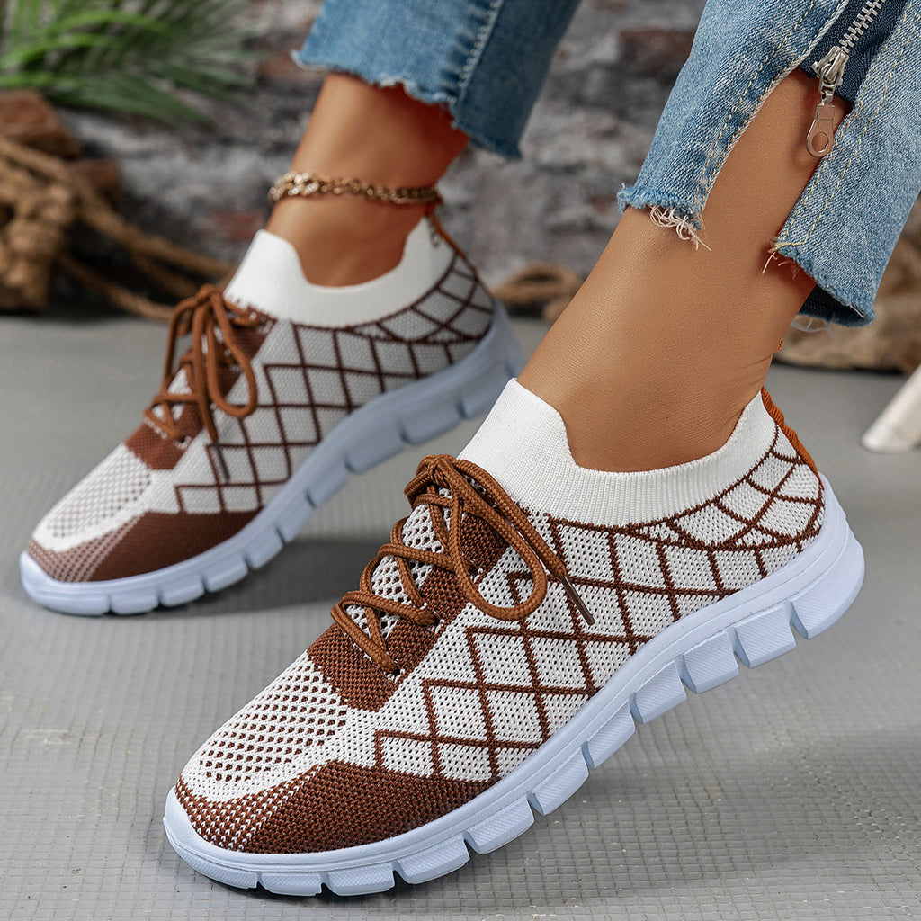 Colorblock Plaid Lace-Up Flyknit Sneakers, Mesh Casual Shoes Fashion Breathable Walking Running Sports Shoes For Women
