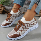 Colorblock Plaid Lace-Up Flyknit Sneakers, Mesh Casual Shoes Fashion Breathable Walking Running Sports Shoes For Women