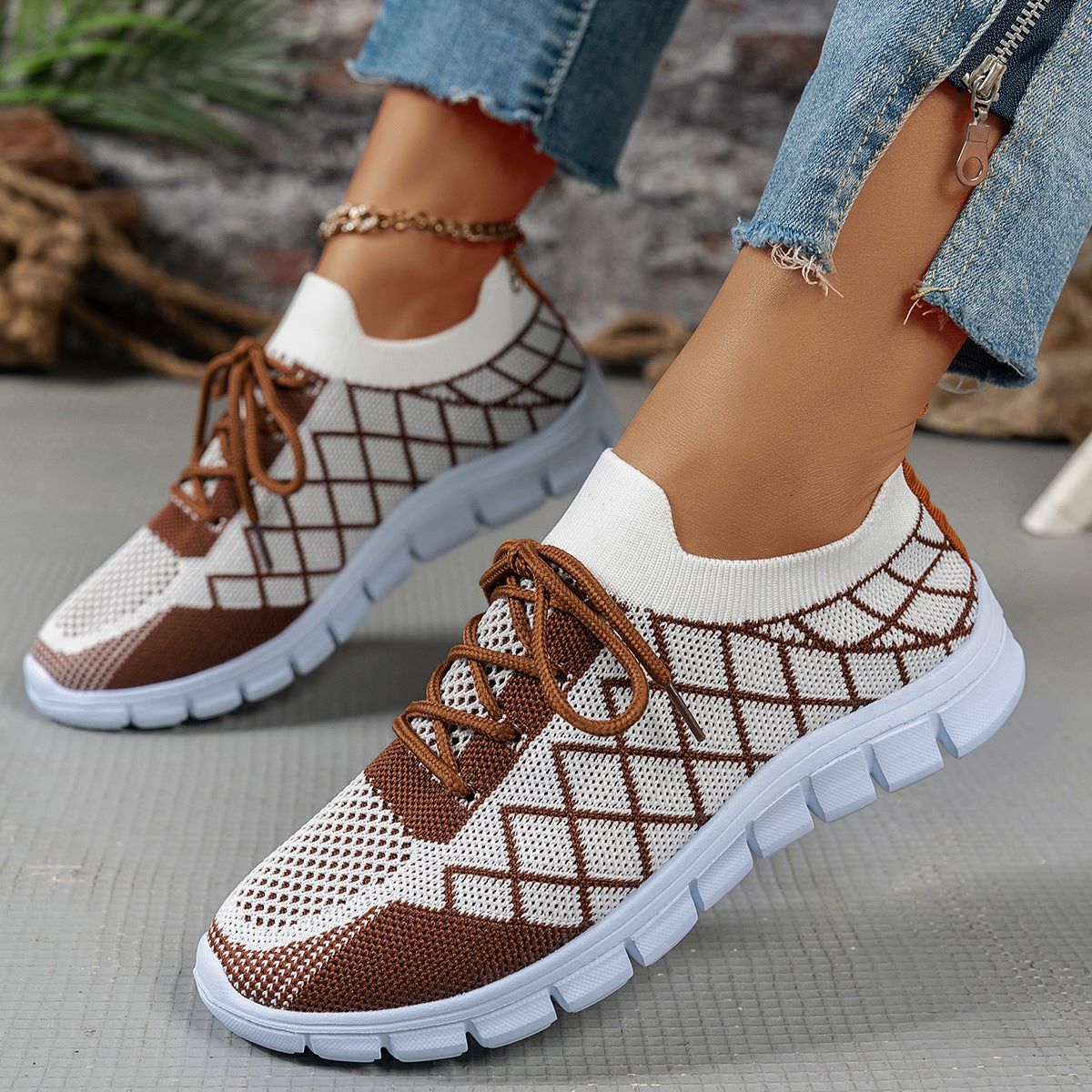 Colorblock Plaid Lace-Up Flyknit Sneakers, Mesh Casual Shoes Fashion Breathable Walking Running Sports Shoes For Women