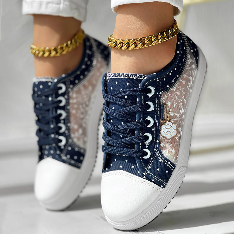 Floral Embroidered Polka Dot Print Sneakers