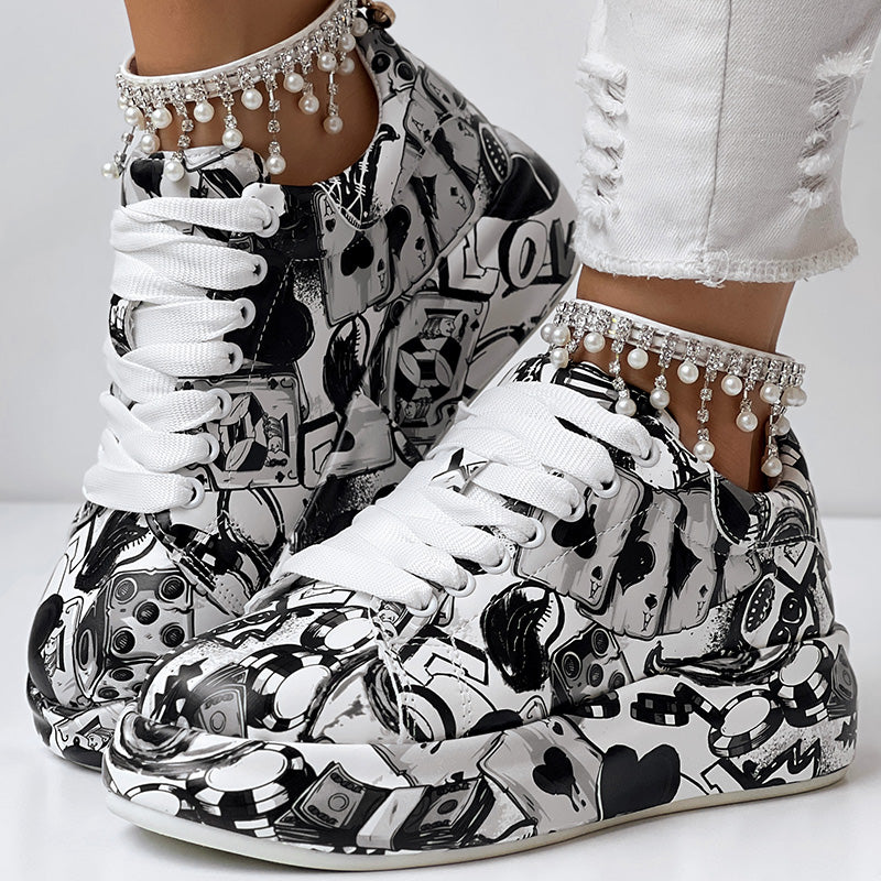 Women's Casual Round Toe Thick Sole Lace-Up Sneakers, Random Print Design, Comfortable Sporty Shoes For Daily Wear