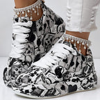 Women's Casual Round Toe Thick Sole Lace-Up Sneakers, Random Print Design, Comfortable Sporty Shoes For Daily Wear