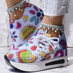 Women's Random Print Side Lace-Up Elastic Sport Shoes, Comfortable Slip-On Sneakers For Women, Casual Daily Wear Footwear