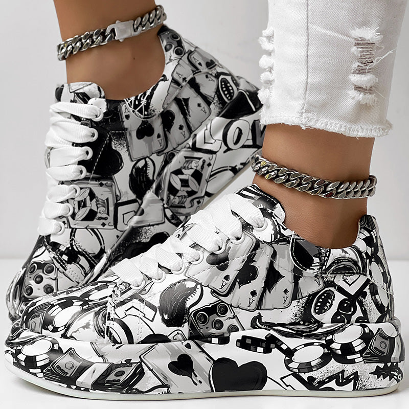 Women's Casual Round Toe Thick Sole Lace-Up Sneakers, Random Print Design, Comfortable Sporty Shoes For Daily Wear