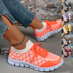 Colorblock Plaid Lace-Up Flyknit Sneakers, Mesh Casual Shoes Fashion Breathable Walking Running Sports Shoes For Women