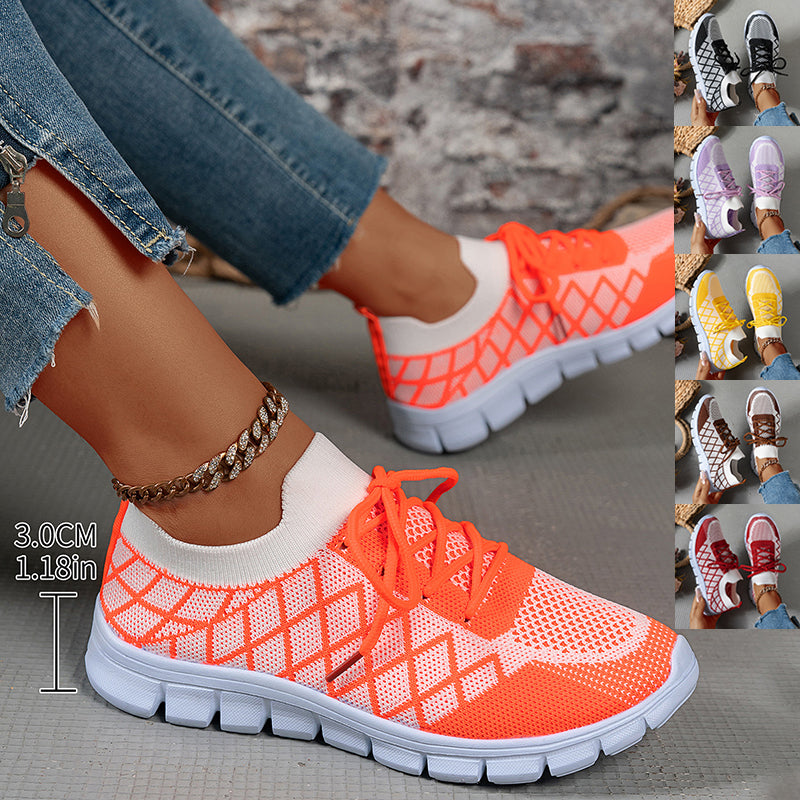 Colorblock Plaid Lace-Up Flyknit Sneakers, Mesh Casual Shoes Fashion Breathable Walking Running Sports Shoes For Women