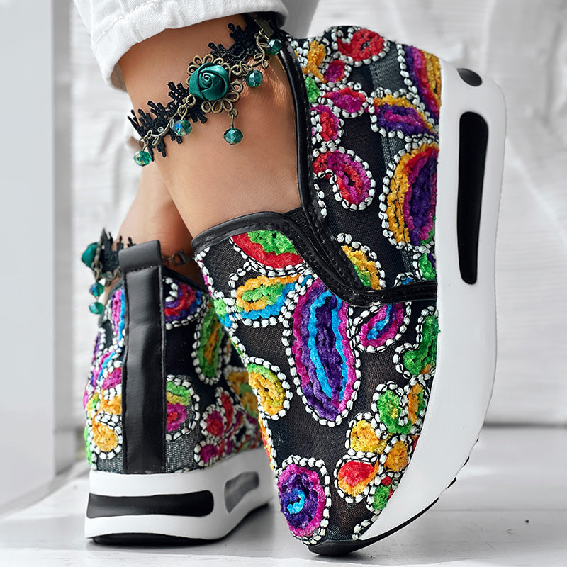 Women's Random Print Side Lace-Up Elastic Sport Shoes, Comfortable Slip-On Sneakers For Women, Casual Daily Wear Footwear