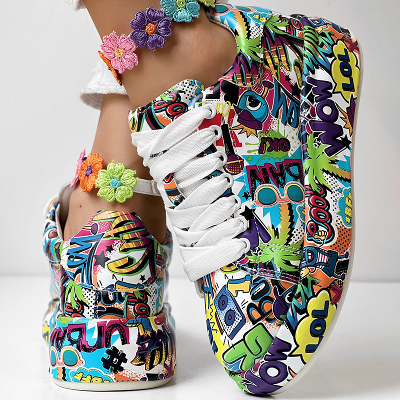 Women's Casual Round Toe Thick Sole Lace-Up Sneakers, Random Print Design, Comfortable Sporty Shoes For Daily Wear