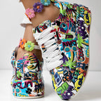 Women's Casual Round Toe Thick Sole Lace-Up Sneakers, Random Print Design, Comfortable Sporty Shoes For Daily Wear