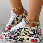 Women's Casual Round Toe Thick Sole Lace-Up Sneakers, Random Print Design, Comfortable Sporty Shoes For Daily Wear