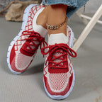 Colorblock Plaid Lace-Up Flyknit Sneakers, Mesh Casual Shoes Fashion Breathable Walking Running Sports Shoes For Women