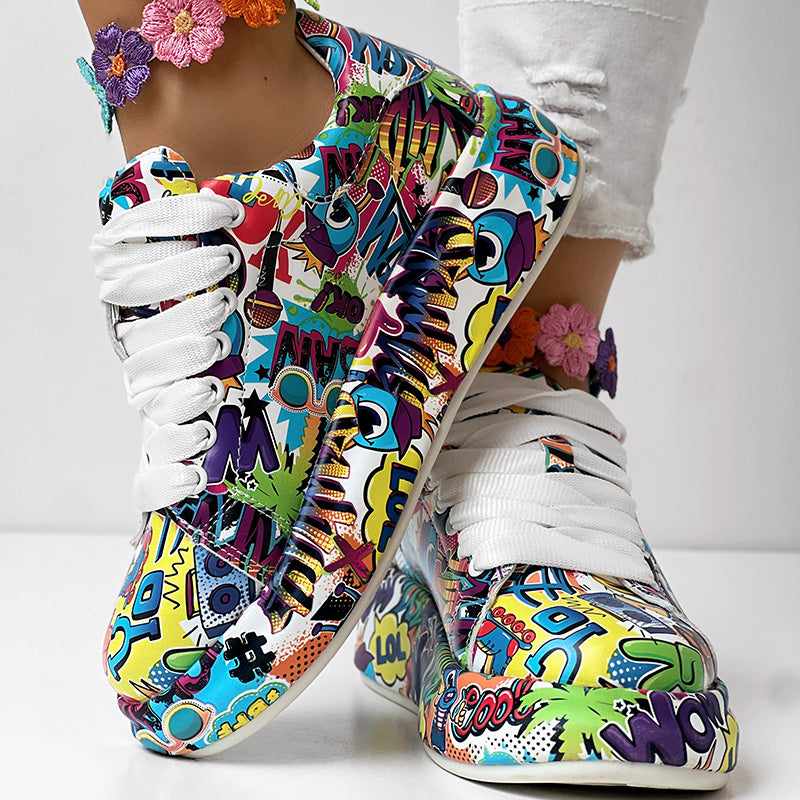 Women's Casual Round Toe Thick Sole Lace-Up Sneakers, Random Print Design, Comfortable Sporty Shoes For Daily Wear