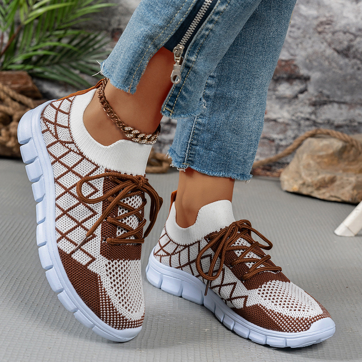 Colorblock Plaid Lace-Up Flyknit Sneakers, Mesh Casual Shoes Fashion Breathable Walking Running Sports Shoes For Women