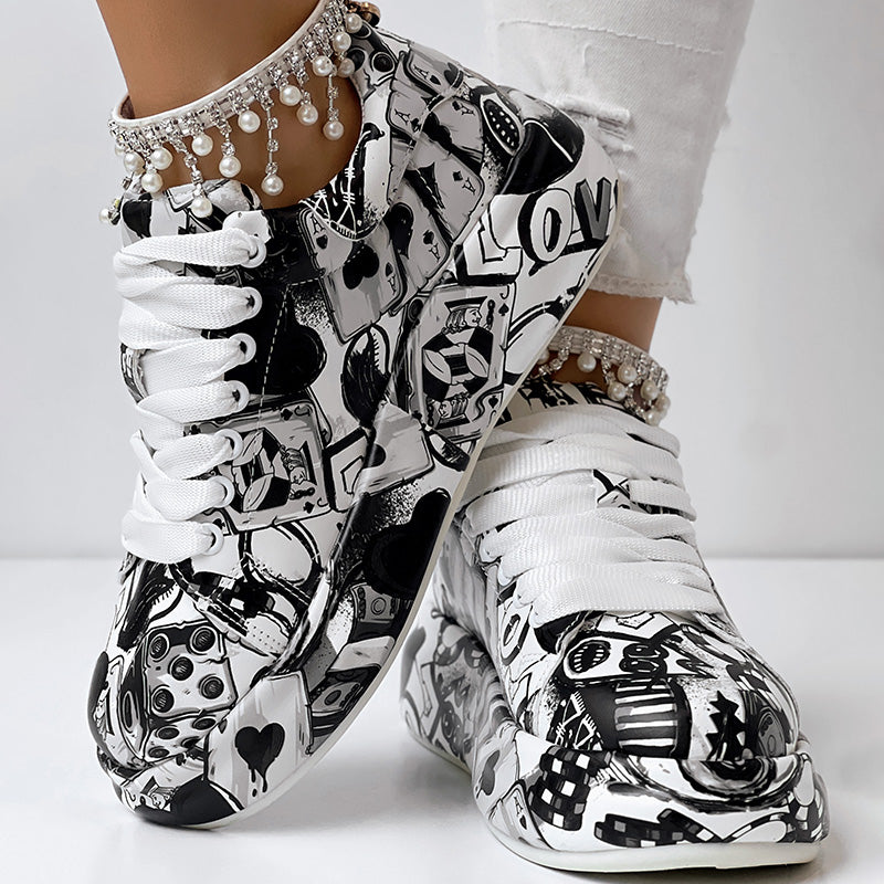 Women's Casual Round Toe Thick Sole Lace-Up Sneakers, Random Print Design, Comfortable Sporty Shoes For Daily Wear