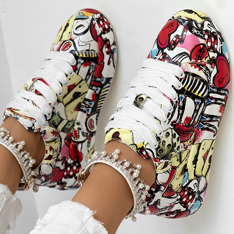 Women's Casual Round Toe Thick Sole Lace-Up Sneakers, Random Print Design, Comfortable Sporty Shoes For Daily Wear