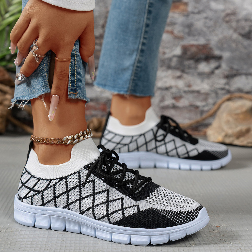 Colorblock Plaid Lace-Up Flyknit Sneakers, Mesh Casual Shoes Fashion Breathable Walking Running Sports Shoes For Women