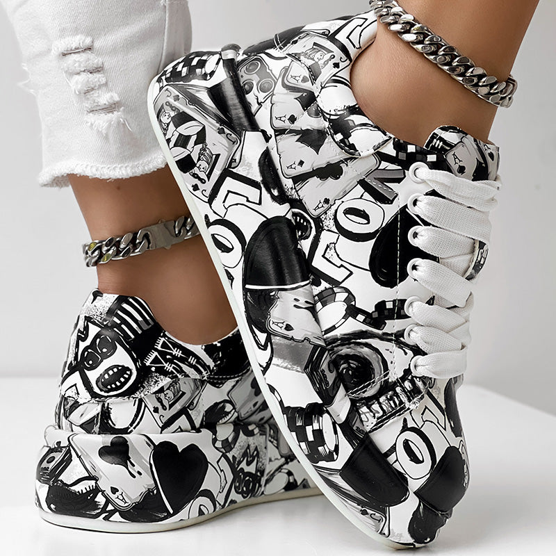 Women's Casual Round Toe Thick Sole Lace-Up Sneakers, Random Print Design, Comfortable Sporty Shoes For Daily Wear