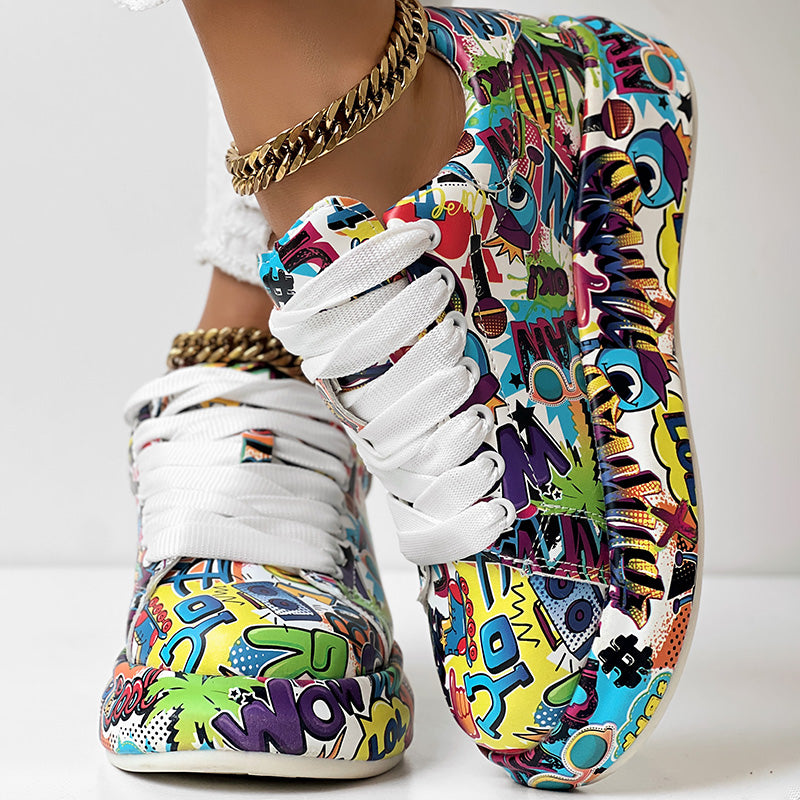 Women's Casual Round Toe Thick Sole Lace-Up Sneakers, Random Print Design, Comfortable Sporty Shoes For Daily Wear