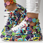 Women's Casual Round Toe Thick Sole Lace-Up Sneakers, Random Print Design, Comfortable Sporty Shoes For Daily Wear