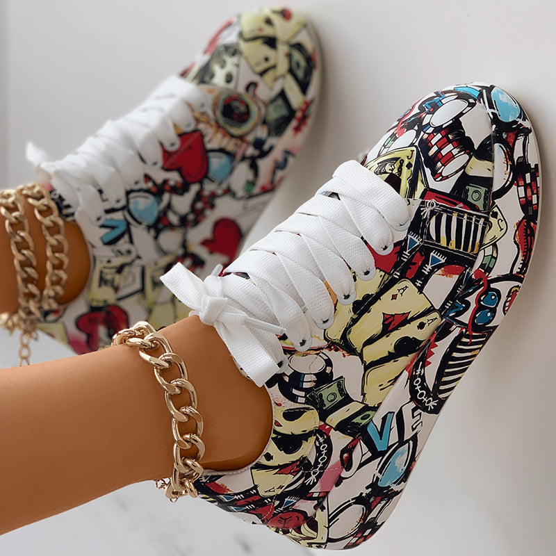 Women's Casual Round Toe Thick Sole Lace-Up Sneakers, Random Print Design, Comfortable Sporty Shoes For Daily Wear