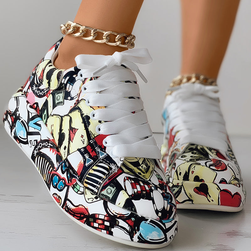 Women's Casual Round Toe Thick Sole Lace-Up Sneakers, Random Print Design, Comfortable Sporty Shoes For Daily Wear