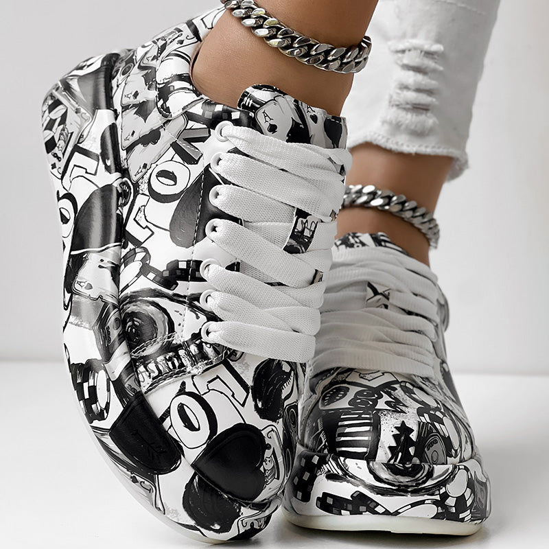 Women's Casual Round Toe Thick Sole Lace-Up Sneakers, Random Print Design, Comfortable Sporty Shoes For Daily Wear