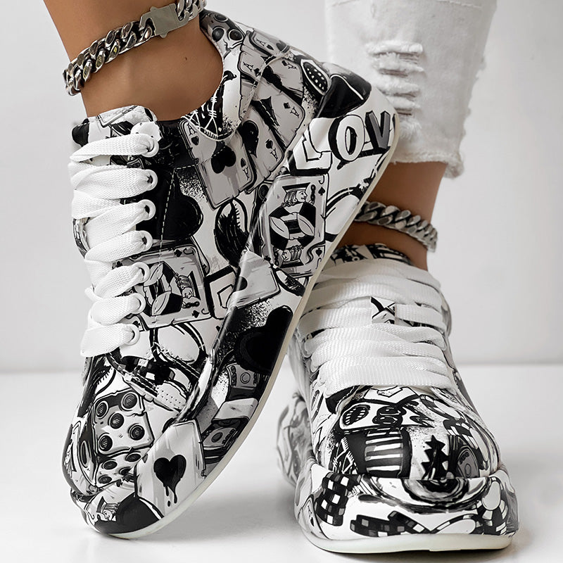 Women's Casual Round Toe Thick Sole Lace-Up Sneakers, Random Print Design, Comfortable Sporty Shoes For Daily Wear