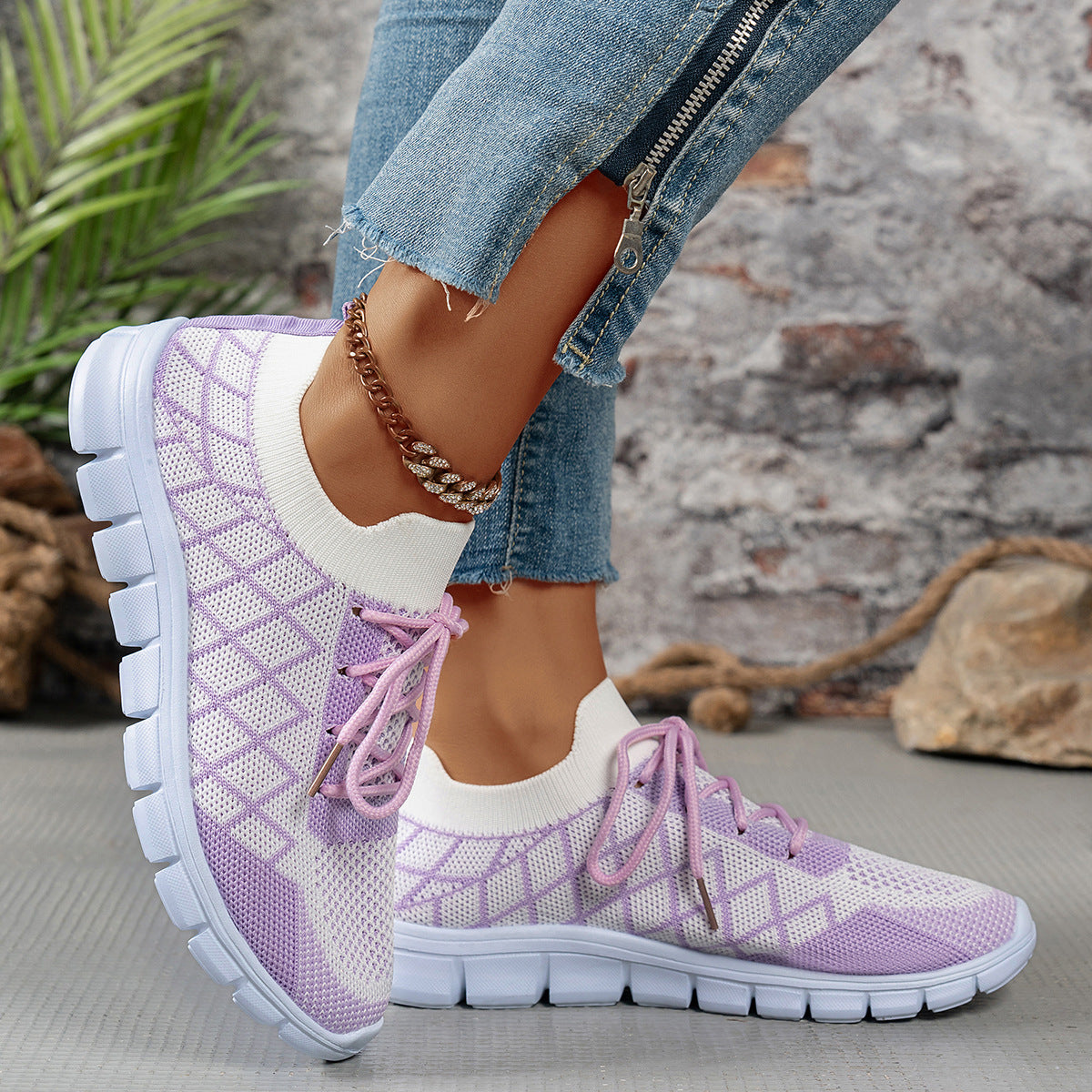 Colorblock Plaid Lace-Up Flyknit Sneakers, Mesh Casual Shoes Fashion Breathable Walking Running Sports Shoes For Women