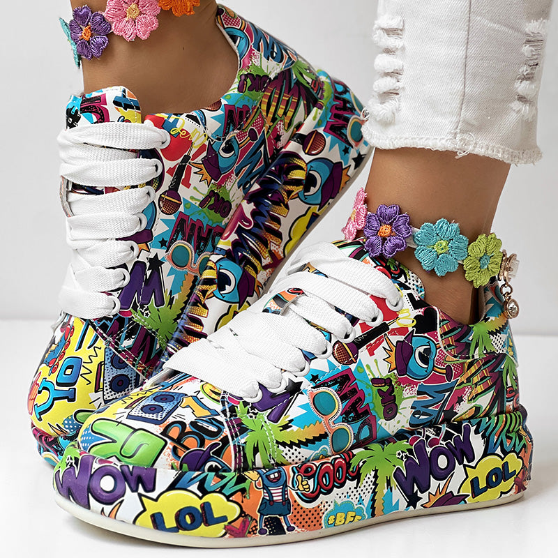 Women's Casual Round Toe Thick Sole Lace-Up Sneakers, Random Print Design, Comfortable Sporty Shoes For Daily Wear