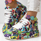 Women's Casual Round Toe Thick Sole Lace-Up Sneakers, Random Print Design, Comfortable Sporty Shoes For Daily Wear