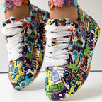 Women's Casual Round Toe Thick Sole Lace-Up Sneakers, Random Print Design, Comfortable Sporty Shoes For Daily Wear