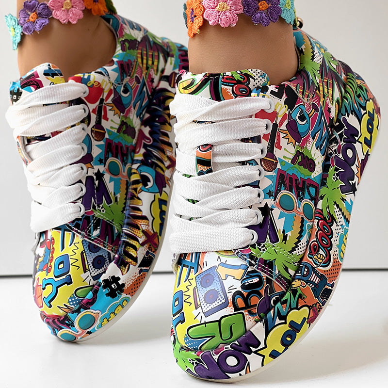 Women's Casual Round Toe Thick Sole Lace-Up Sneakers, Random Print Design, Comfortable Sporty Shoes For Daily Wear