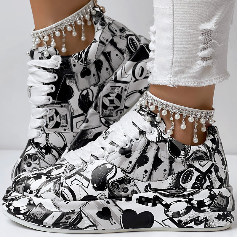 Women's Casual Round Toe Thick Sole Lace-Up Sneakers, Random Print Design, Comfortable Sporty Shoes For Daily Wear