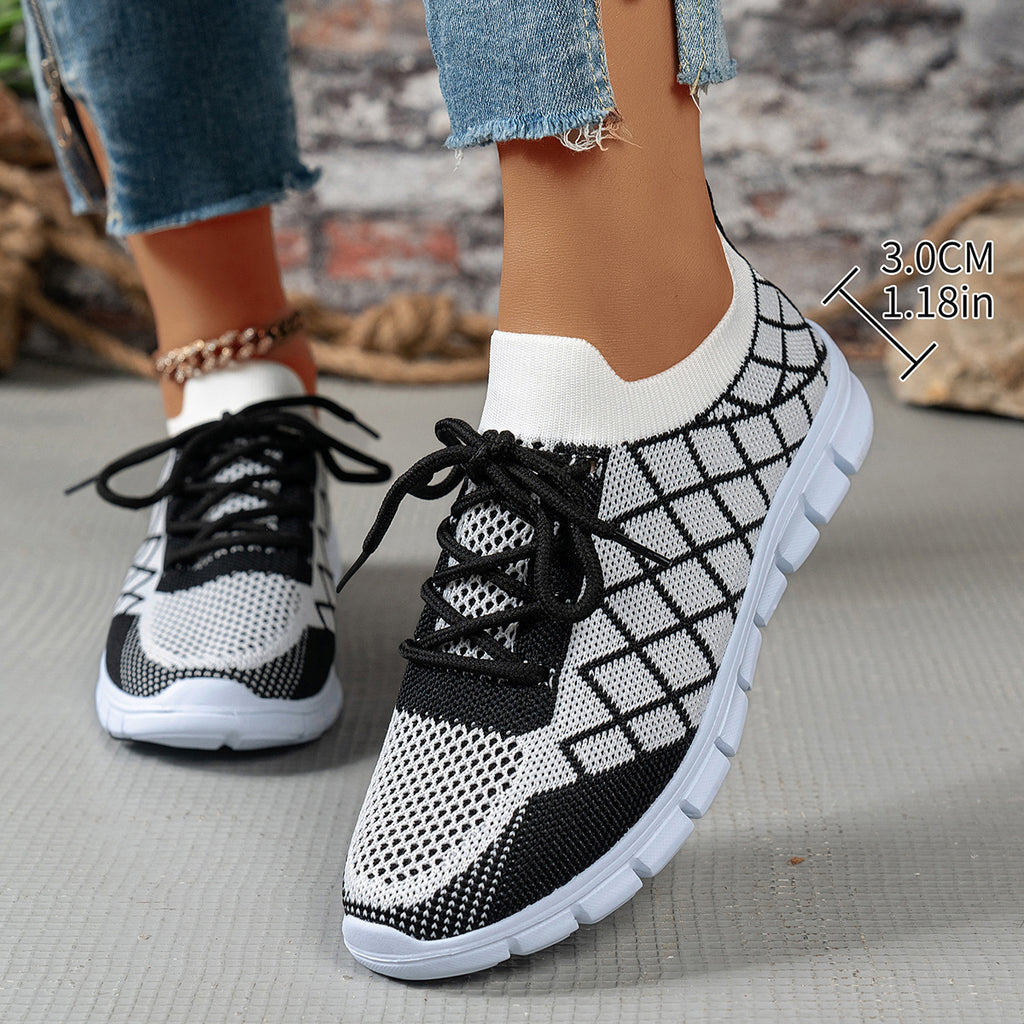 Colorblock Plaid Lace-Up Flyknit Sneakers, Mesh Casual Shoes Fashion Breathable Walking Running Sports Shoes For Women