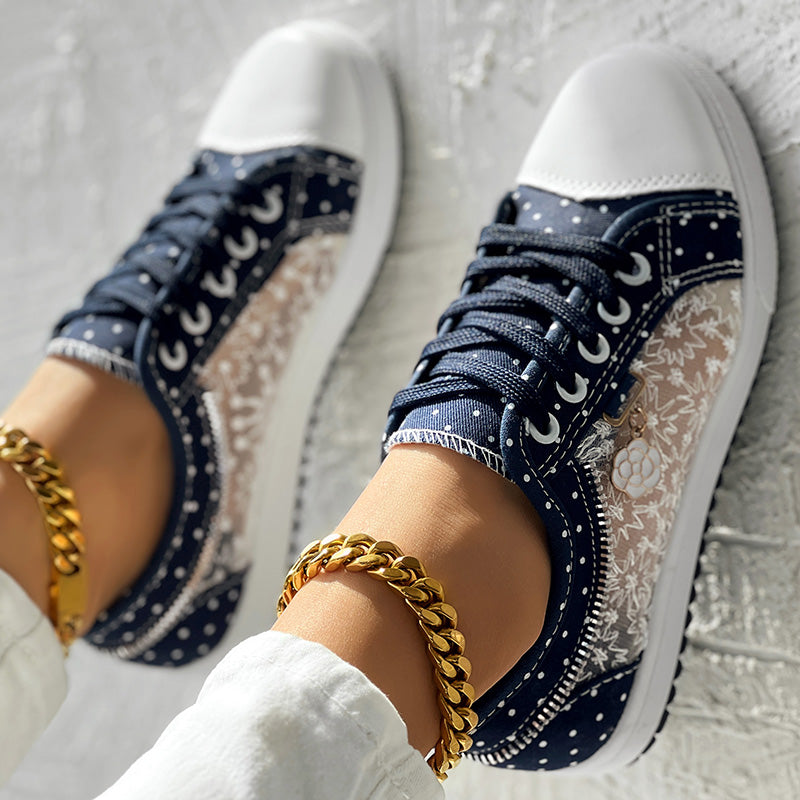 Floral Embroidered Polka Dot Print Sneakers